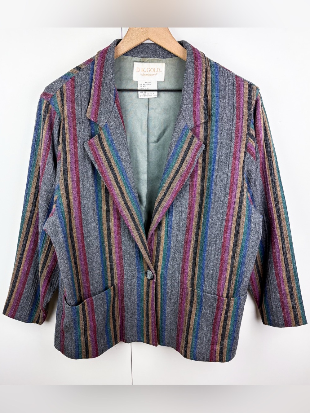 Vintage Wool Blend Rainbow Gray Striped Single Button Blazer Academia Large